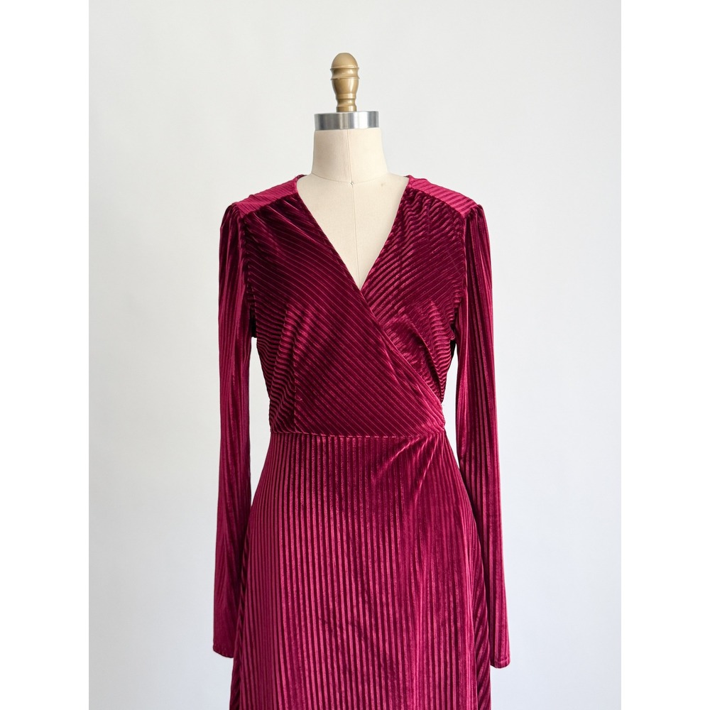 Baltic Born Maxi Dress Velvet Pleated Wrap Red Long Sleeve High Low Burgundy L - Picture 2 of 7
